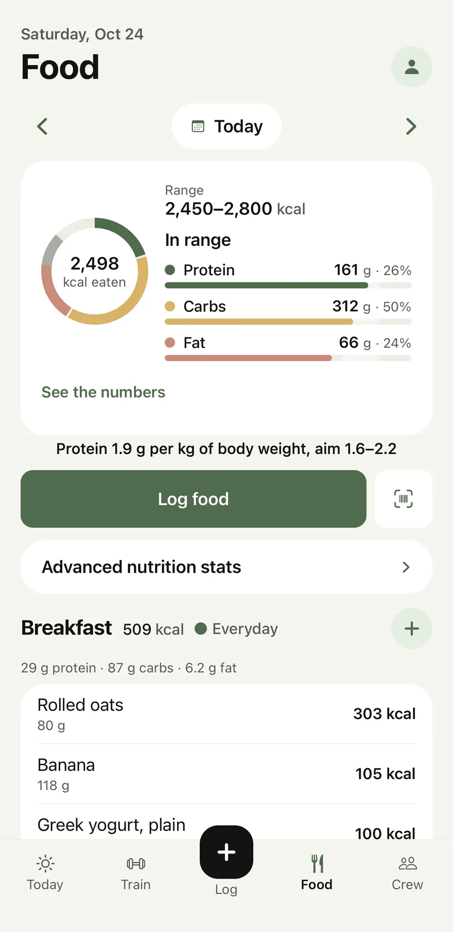 The Food screen: 2,498 calories eaten, in a range of 2,450 to 2,800, split into protein, carbs and fat, with breakfast below